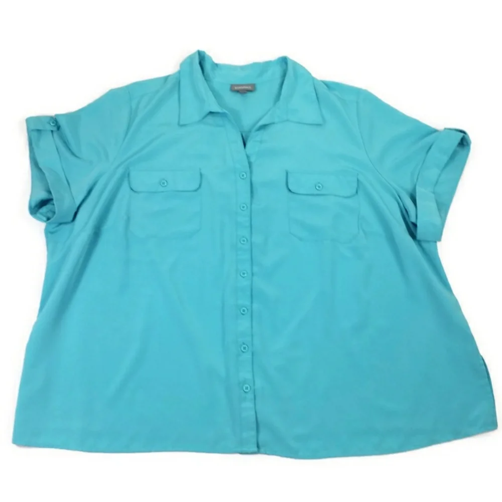Essentials Blue Button Front Short Cuffed Sleeve Career Blouse Womens 4X - Picture 11 of 13